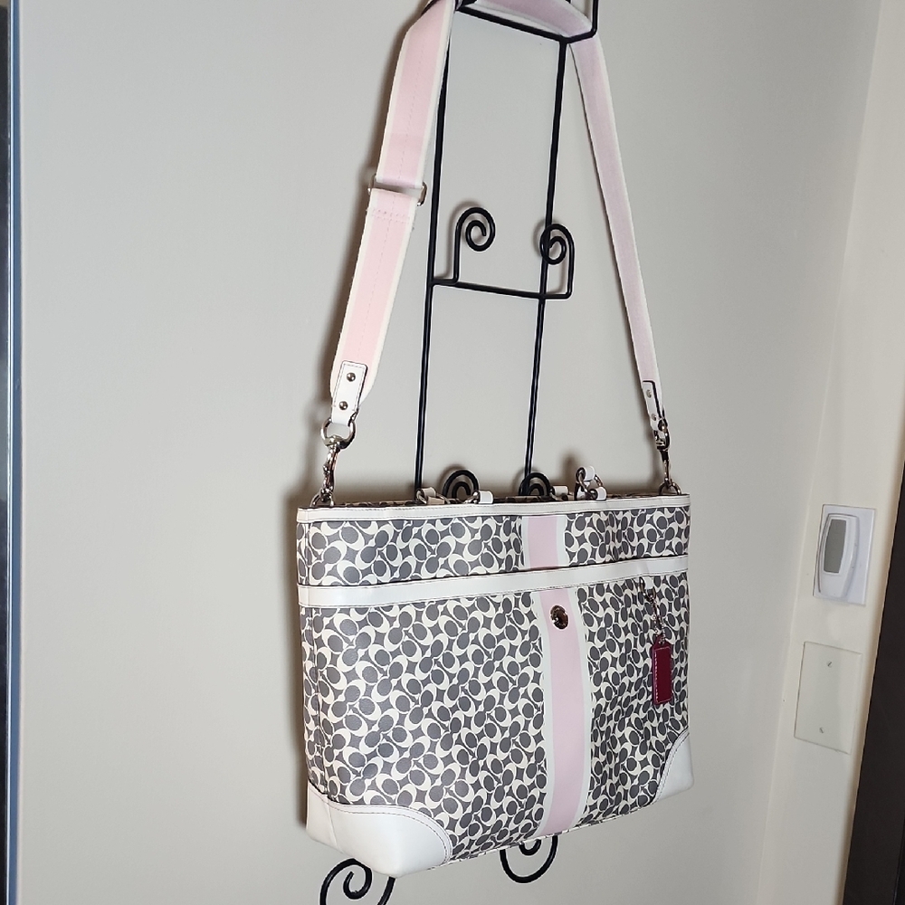 Coach Large Leather Pink Gray Business Work Tote Diaper Bag Signature C Rare